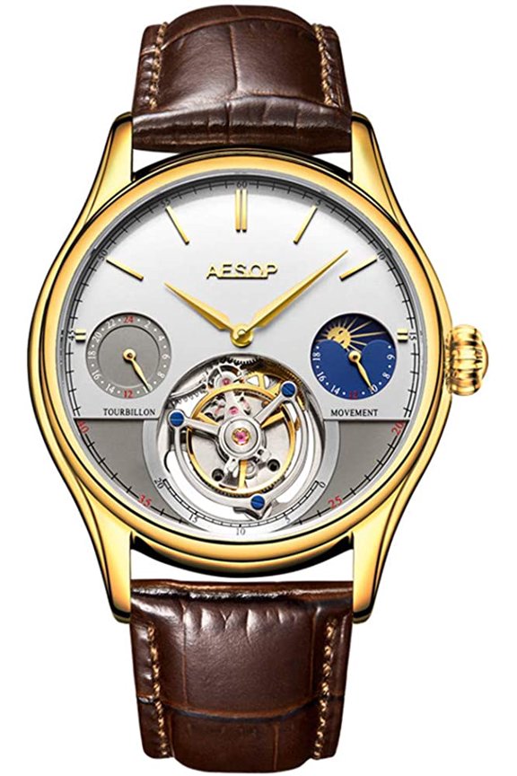 Real Tourbillon Skeleton Hand-Wind Mechanical Wrist Watch Men Sapphire Crystal Manual Dress Clock Man Luminous Leather Moon Phase Multifunction