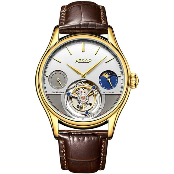 AESOP Real Tourbillon Skeleton Hand-Wind Mechanical Wrist Watch Men Sapphire Crystal Manual Dress Clock Man Luminous Leather Moon Phase Multifunction