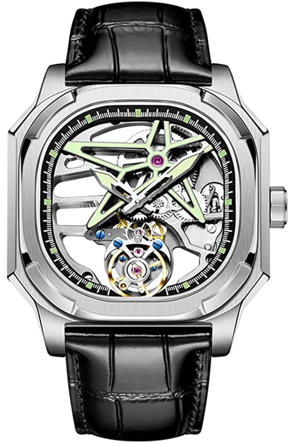 Real Tourbillon Skeleton Hand-Wind Mechanical Wrist Watch Men Sapphire Crystal Manual Wind Business Dress Hollow Dial Clock Man Super Luminous Stainless Steel Leather