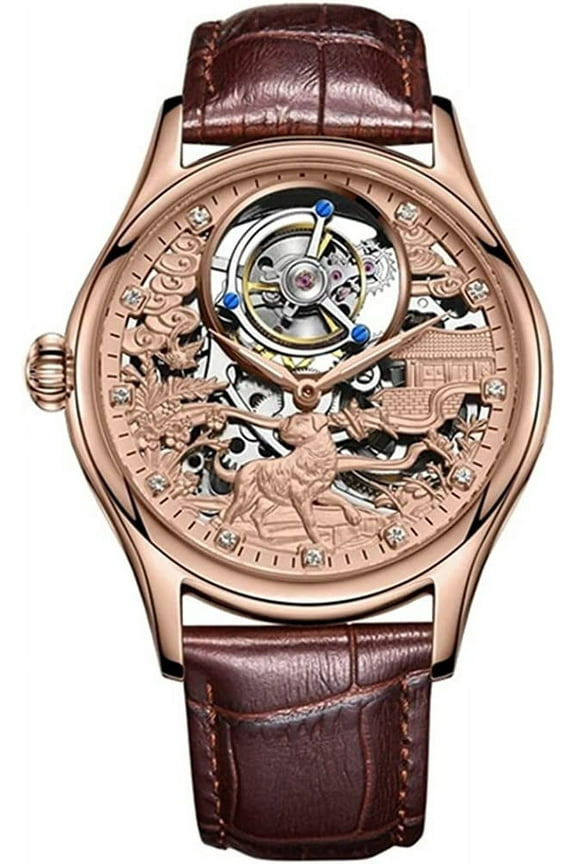 Skeleton Tourbillon Hand-Wind Mechanical Wristwatch Men Sapphire Luminous Dog Butterfly Magpie Dial Clock Leather Auspicious Good Luck Happiness Watch