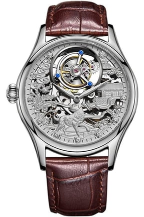 Skeleton Tourbillon Hand-Wind Mechanical Wristwatch Men Sapphire Luminous Dog Butterfly Magpie Dial Clock Leather Auspicious Good Luck Happiness Watch