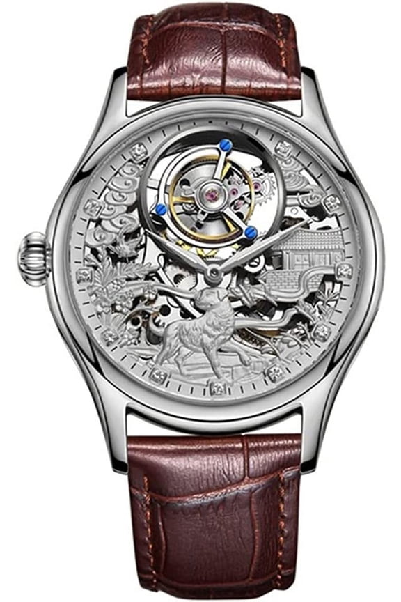 Skeleton Tourbillon Hand-Wind Mechanical Wristwatch Men Sapphire Luminous Dog Butterfly Magpie Dial Clock Leather Auspicious Good Luck Happiness Watch