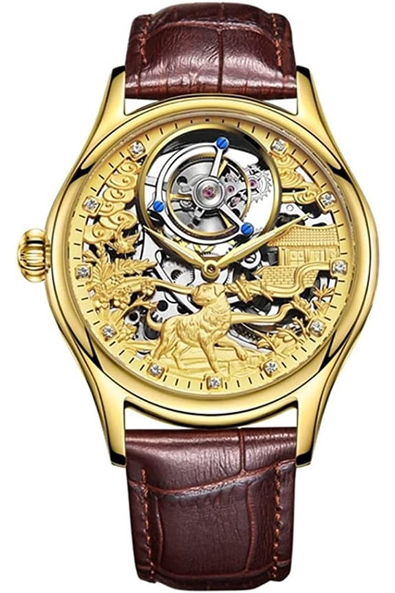 Skeleton Tourbillon Hand-Wind Mechanical Wristwatch Men Sapphire Luminous Dog Butterfly Magpie Dial Clock Leather Auspicious Good Luck Happiness Watch