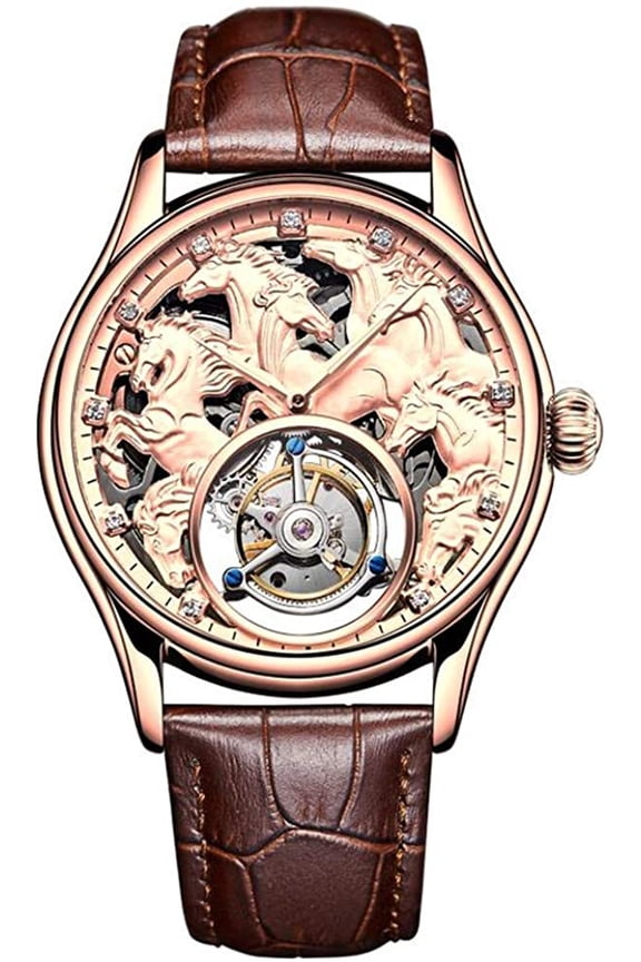 Skeleton Tourbillon Hand-Wind Mechanical Wristwatch Men Sapphire Luminous Eight Running Horses Clock Leather Immediately to Success Bright Future Watch