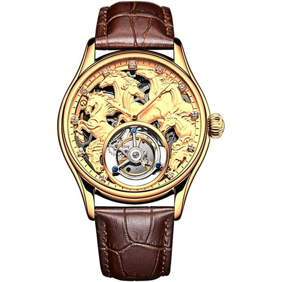 AESOP Skeleton Tourbillon Hand-Wind Mechanical Wristwatch Men Sapphire Luminous Eight Running Horses Clock Leather Immediately to Success Bright Future Watch