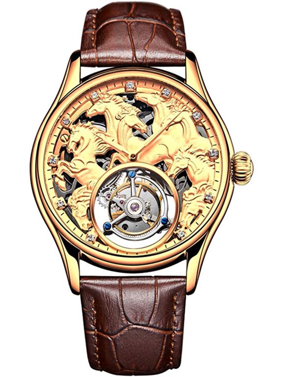 Skeleton Tourbillon Hand-Wind Mechanical Wristwatch Men Sapphire Luminous Eight Running Horses Clock Leather Immediately to Success Bright Future Watch