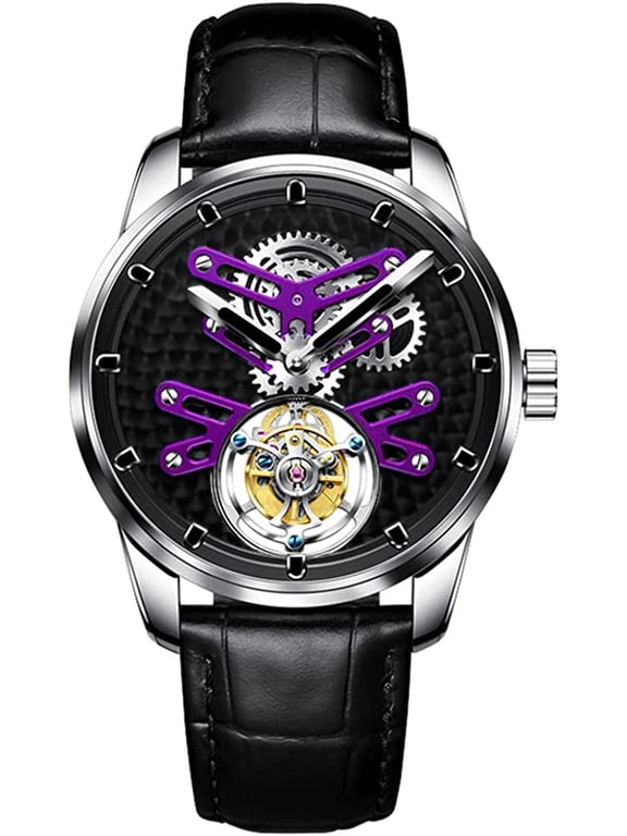 Stent Tourbillon Skeleton Mechanical Hand-Wind Wrist Watch Men Sapphire Crystal Manual Special Hollow Business Dress Clock Male Luminous Stainless Steel Leather