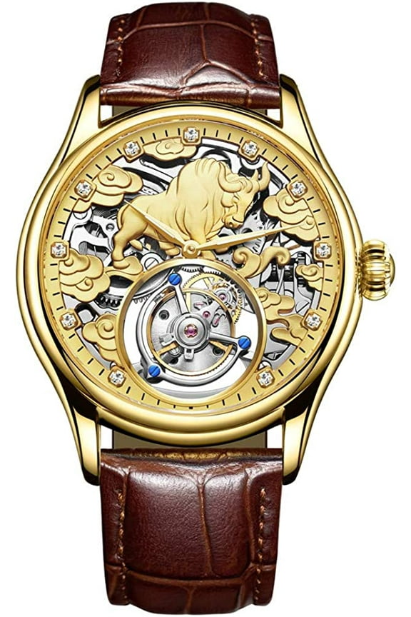 Tourbillon Mechanical Hand-Wind Wrist Watch Men Sapphire Luminous Cattle Skeleton Diamond Dial Clock Leather Band Your Business is Prosperous and Thriving