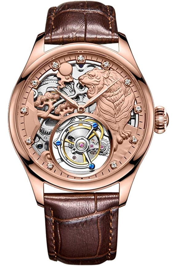 Tourbillon Mechanical Hand-Wind Wrist Watch Men Sapphire Luminous Tiger Roaring Forest Skeleton Diamond Dial Clock Leather Band Everything Goes Smoothly Invincible