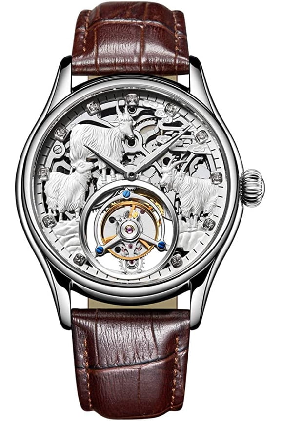 Tourbillon Mechanical Hand-Wind Wristwatch Men Sapphire Luminous Three Sheeps Skeleton Diamond Dial Clock Leather May You Life be Auspicious Watch