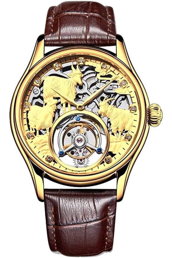 Tourbillon Mechanical Hand-Wind Wristwatch Men Sapphire Luminous Three Sheeps Skeleton Diamond Dial Clock Leather May You Life be Auspicious Watch