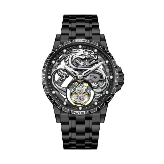 AESOP Tourbillon Skeleton Mechanical Hand Wind Wrist Watch Men Sapphire Crystal Diamond Business Double-sided Hollow Waterproof Clock Man Luminous Steel Leather Wristwatch Chinese Loong Pattern Dial