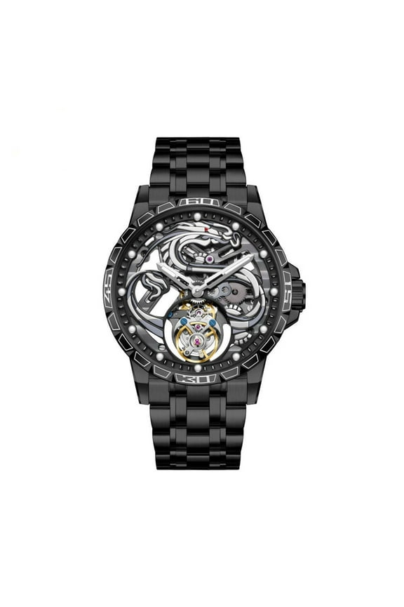 Tourbillon Skeleton Mechanical Hand Wind Wrist Watch Men Sapphire Crystal Diamond Business Double-sided Hollow Waterproof Clock Man Luminous Steel Leather Wristwatch Chinese Loong Pattern Dial