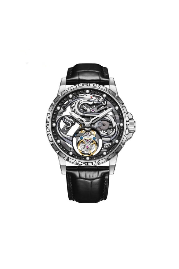 Tourbillon Skeleton Mechanical Hand Wind Wrist Watch Men Sapphire Crystal Diamond Business Double-sided Hollow Waterproof Clock Man Luminous Steel Leather Wristwatch Chinese Loong Pattern Dial