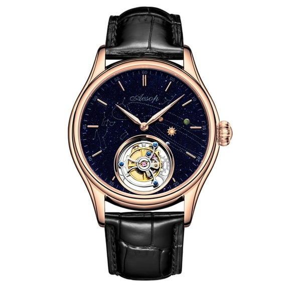 AESOP Tourbillon Watches for Men Mechanical Hand Wind Wristwatches Blue Sandstone Dial Stainless Steel Sapphire Crystal Waterproof Business Luxury Dress Watch 7025