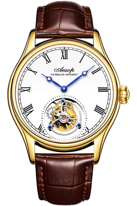 Wristwatch Analog Manual Winding Mechanical Watch Men's Stainless Steel and Leather Sapphire Male Skeleton Tourbillon Clock Waterproof