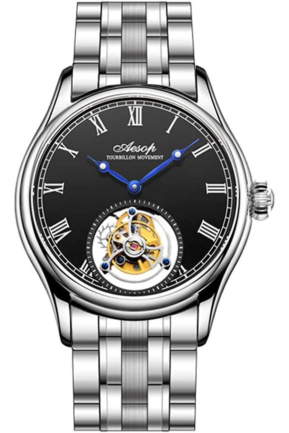 Wristwatch Analog Manual Winding Mechanical Watch Men's Stainless Steel and Leather Sapphire Male Skeleton Tourbillon Clock Waterproof