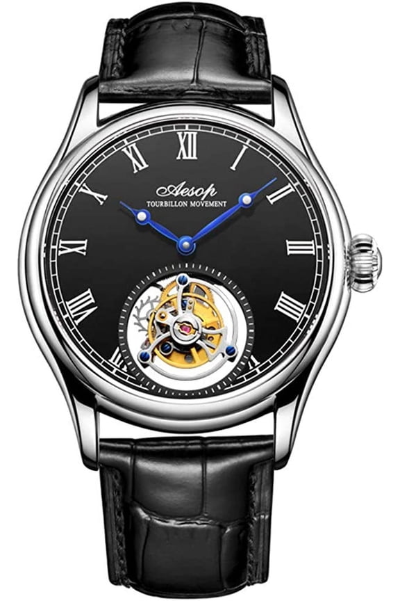 Wristwatch Analog Manual Winding Mechanical Watch Men's Stainless Steel and Leather Sapphire Male Skeleton Tourbillon Clock Waterproof