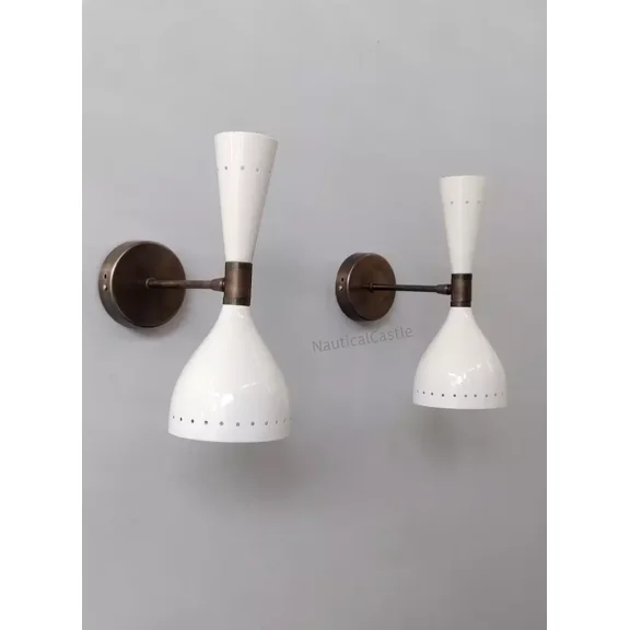 AESTHETIC VINTAGE COLLECTION Shiny White Wall Sconce 1950s Mid Century Brass Italian Diabolo Wall Sconce