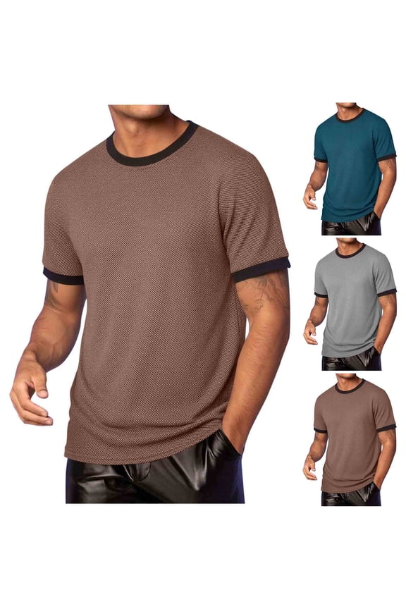 Men's Classic Short Sleeve Crew Neck Tops, Casual Ringer Tees, Regular Fit Shirts, Contrast Stitching Curved Hem, for Vacation Daily Wear, Blue L