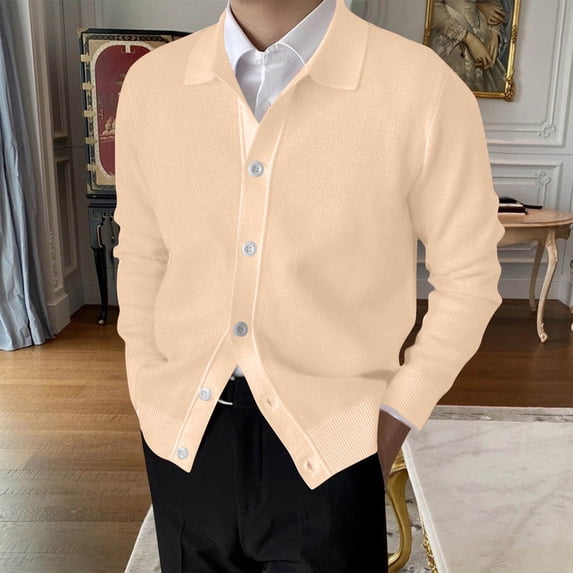 AESTIVO Men's Cardigan Sweaters, Collared Button Down Knit Top, Long Sleeve Casual Pullover, Officewear Work Party Layer
