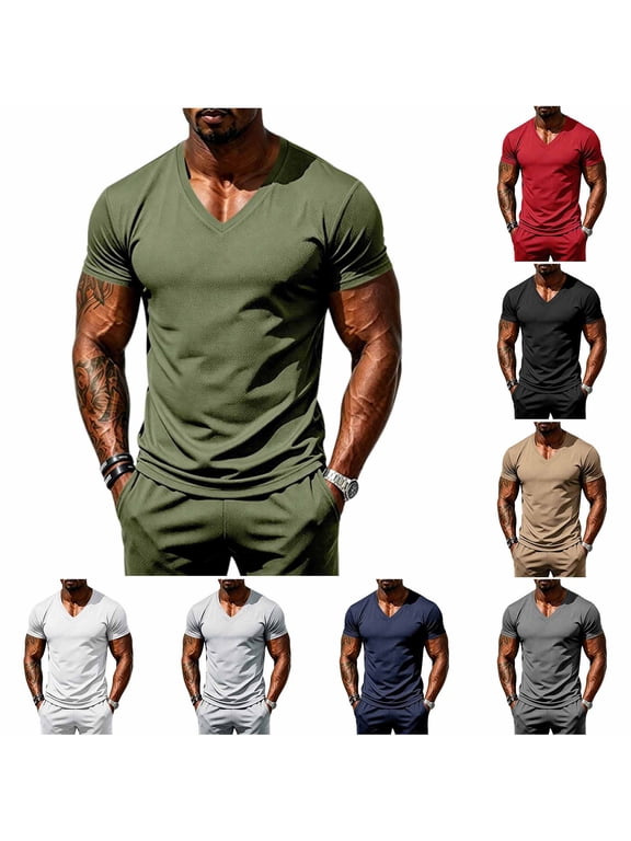 Men's V-Neck Short Sleeve Tops, Slim Fit Athleisure Tees, Casual Activewear Shirts, Breathable Quick-Dry for Workout Vacation, White L