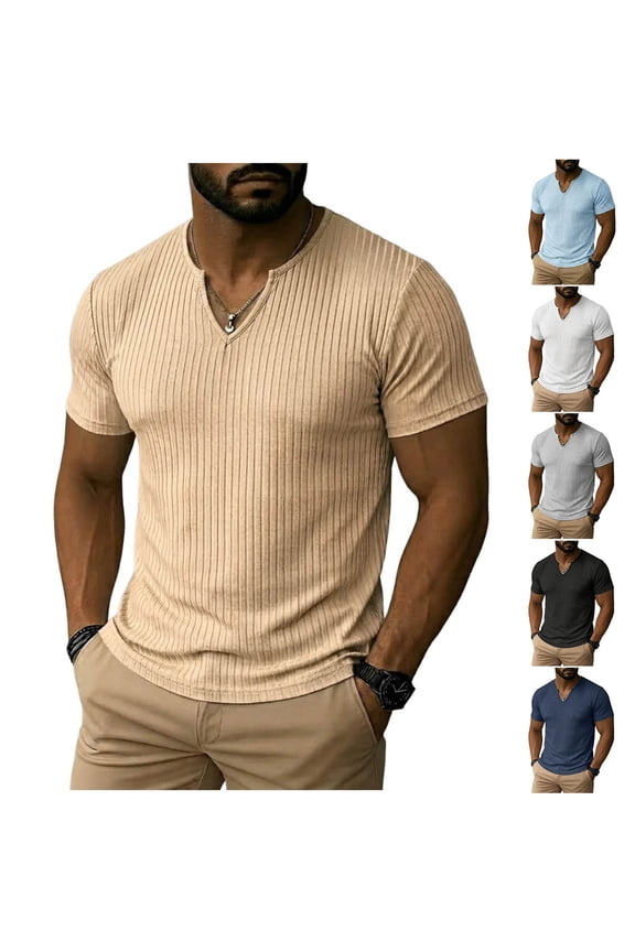 Men's Notch Neck Tops, Short Sleeve Tees, Slim Fit Shirts, Breathable Quick-Dry for Casual, Workout, Vacation, Gray M