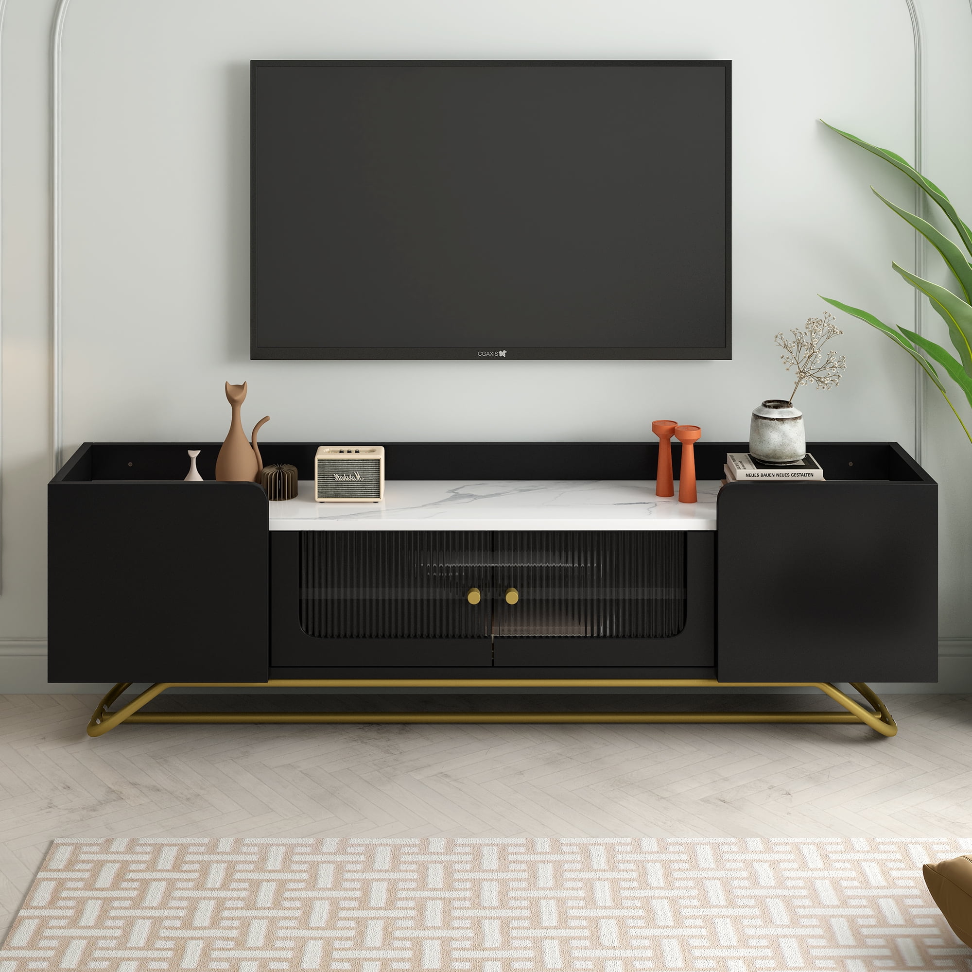 AESTTY Sleek Design TV Stand with Fluted Glass, Contemporary ...