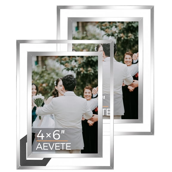 AEVETE 4x6 Picture Frame, Glass Picture Frame for Tabletop Display Vertical or Horizontal, Wedding Frame,Silver 2 Pack