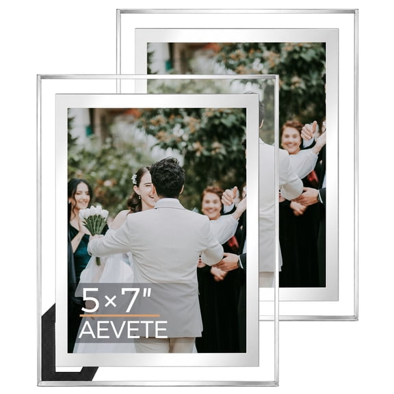 AEVETE 5x7 Picture Frame, Glass Picture Frame for Tabletop Display Vertical or Horizontal, Wedding Frame,Silver 2 Pack