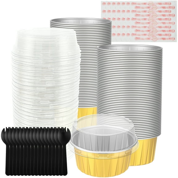 AEVXKHI 100PCS Mini Loaf Pans, Aluminium Foil Mini Cake Pans, Anti Stick Mini Cake Tins with Lid, Stackable Small Cake Containers, Keep Fresh Mini Loaf Pans Suitable for Cake Tarts