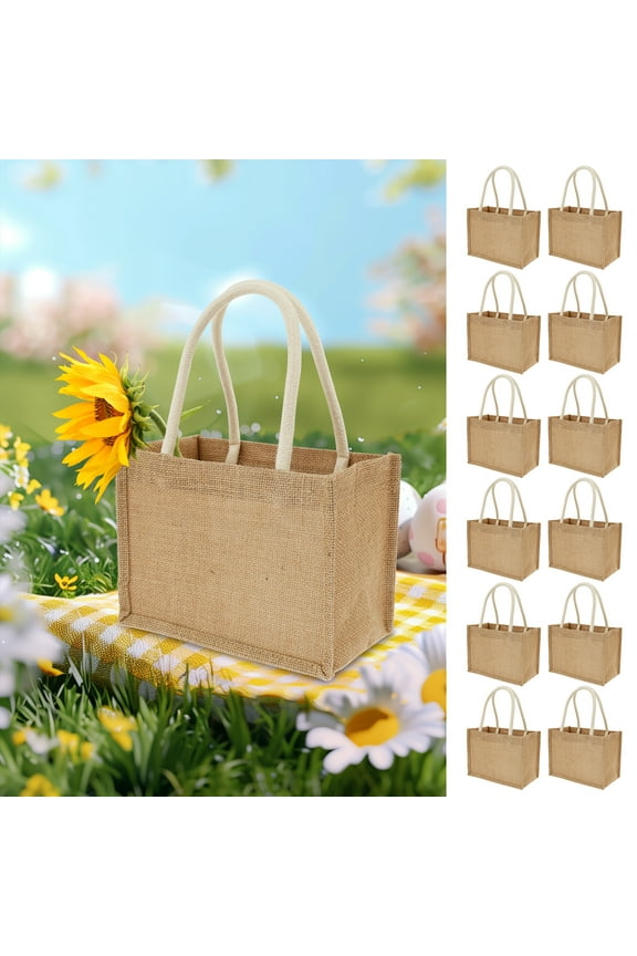 12PCS Burlap Tote Bags, Mini Burlap Beach Bags with Handles, Jute Tote Bag Reusable Burlap Gift Bag, Multipurpose Burlap Hand Bags for Shopping Trips Beach Tours School Outdoor