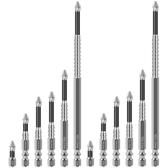 AEVXKHI 12PCS K5 Alloy Impact Screwdriver Bits, Nonslip Teeth Phillips Screwdriver Bit Set, Magnetic Long Drill Bits, Magnetic Drill Bit Set, for Electric Screwdrivers 25+50+65+70+90+150mm