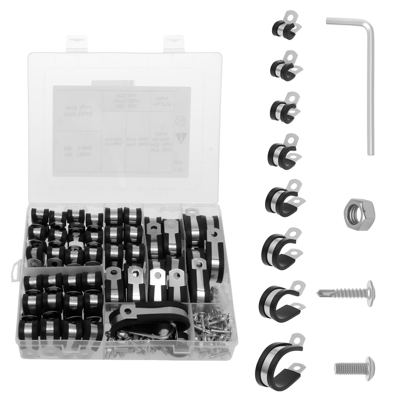 AEVXKHI 176PCS Cable Clamp Assortment Kit, Stainless Steel Wire Clamp 8 Size 1/4" 5/16" 3/8" 1/2" 5/8" 3/4" 1" 1-1/4" with Rubber Cushion