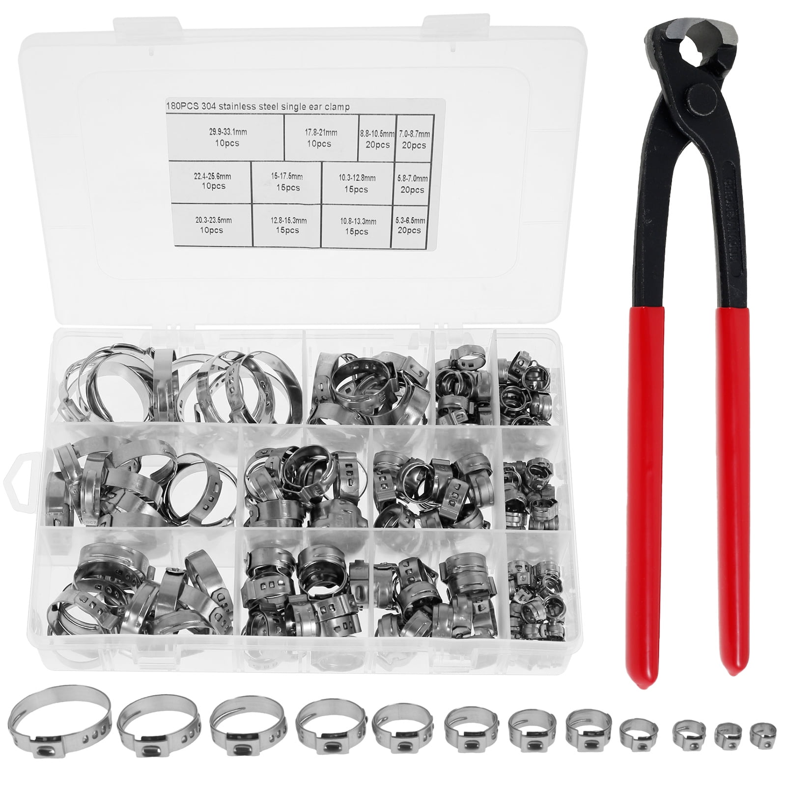 AEVXKHI 180PCS Single Ear Hose Clamps, 6.5 to 33.1mm 12 Sizes, 304 Stainless Steel Crimp Hose Clamps with Pincer for Automotive Pipe Industrial Use