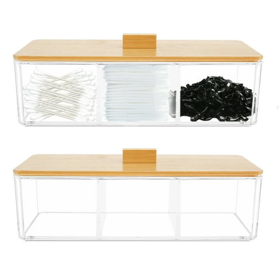 AEVXKHI 2PCS Acrylic Qtip Holder with Wood Lid, 3 Compartments Qtip Dispenser, Waterproof Cotton Ball Holder, Clear Cotton Ball and Swab Organizer for Makeup Pads Cosmetics