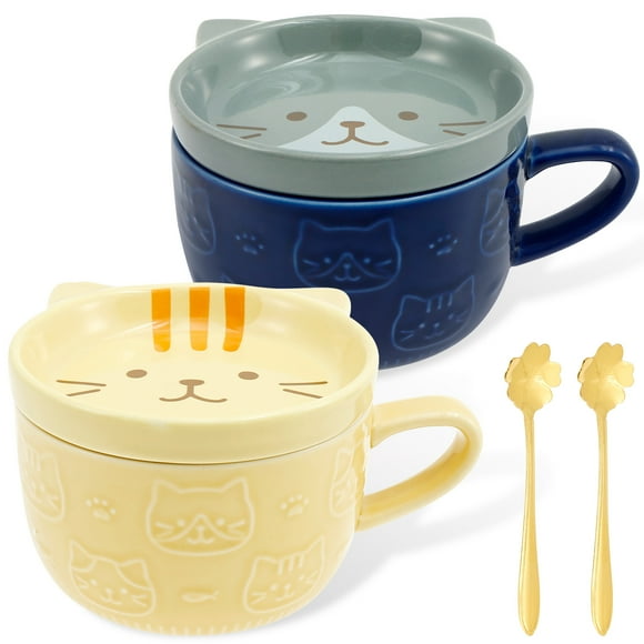 AEVXKHI 2PCS Ceramic Cat Coffee Mug with Lid and Spoon, Cute Cat Mug with Handle, Funny Cat Tea Cups, Dishwasher Safe Ceramic Mug