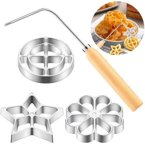 AEVXKHI 4-Piece Bunuelos Mold with Handle, Rosette Iron Maker Set with 3 Cast Aluminum Interchangeable Heads (Star, Flower, Circle), Traditional Waffle Molds Set Fried Pastry & Cookie Tool