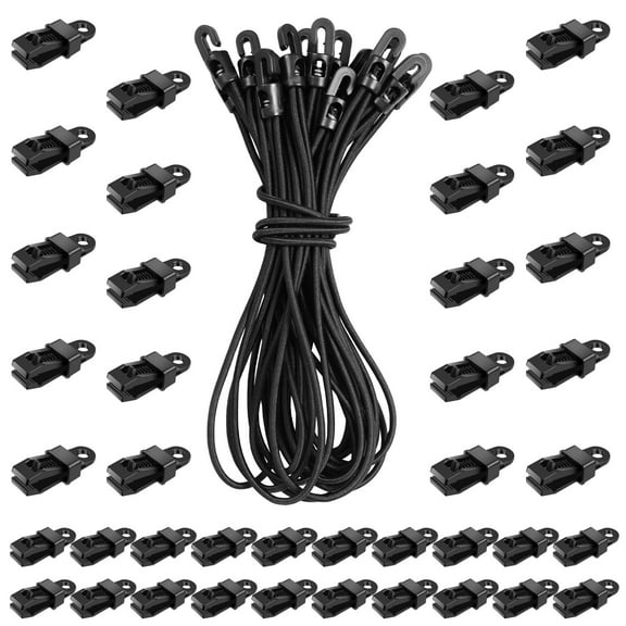 AEVXKHI 40PCS Tarps Clamps, Bungee Cord and Tarp Clip Set, 10 Inch Tarp Clips Heavy Duty Lock Grip, Fasteners Clips Holder, Small Bungee Cords with Hooks, Tarp Tie Downs