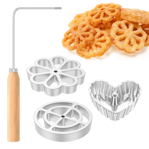 AEVXKHI 4PCS Aluminium Alloy Rosette Molds, Frying Bunuelos Moulds with Wood Handle, Hollow Out Bunuelos Cookie Maker Mold, Screwable Handle Bunuelos Mold
