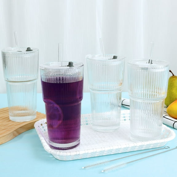 AEVXKHI 4PCS Ribbed Glass Tumblers with Lids and Glass Straws, Stylish Ribbed Glass Cups, Drinkware Set for Iced Coffee Smoothies Cocktails and Juices