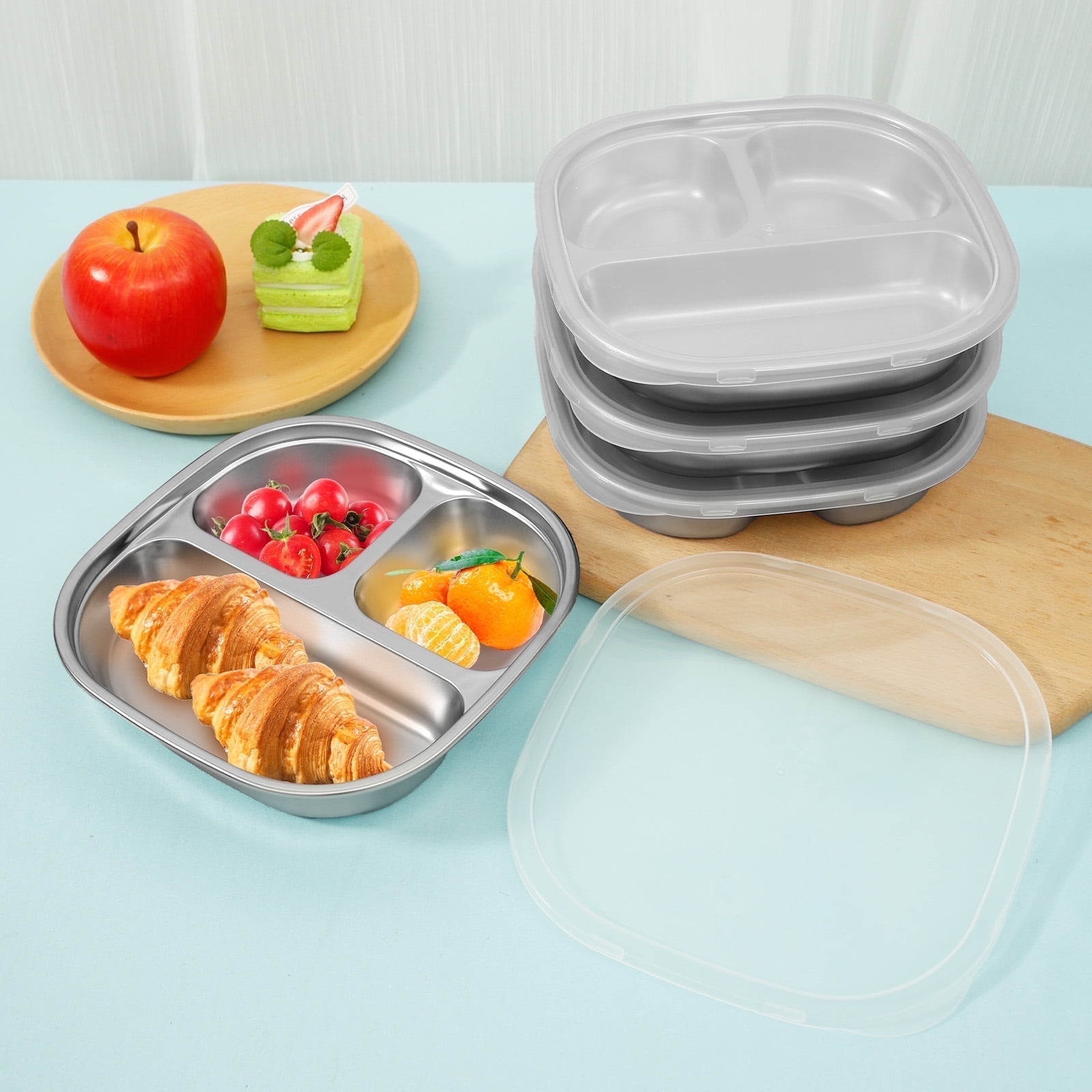 Palksky Stainless Steel Divided Plates For Kids - 3-Section BPA-Free Toddler Dishes, Set Of 4