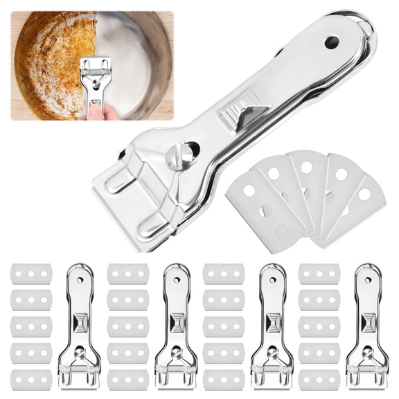 AEVXKHI 5 Sets Glass Scraper, Cooktop Cleaner Scraper, Cleaning Scraper Tool, 5PCS Ceramic Hob Scraper and 25PCS Replacement Blades, Suitable for Glass Ceramic and Induction Cooktops Removing Stains
