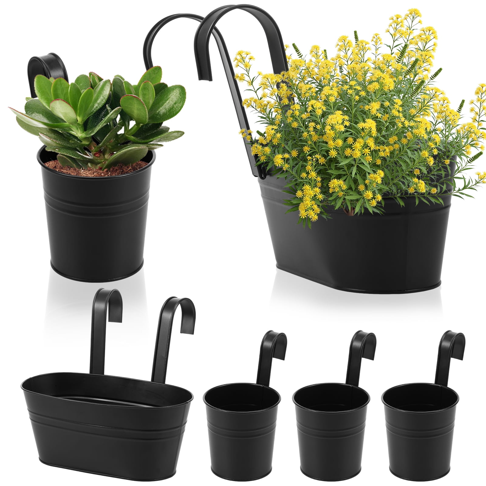 AEVXKHI 6 Pack Metal Railing Planters for Outdoor Plants, Large Iron Balcony Hanging Planter, Flower Pots with Detachable Hook and Drainage Hole, Hanging Bucket Rail Pot for Home Garden Fence