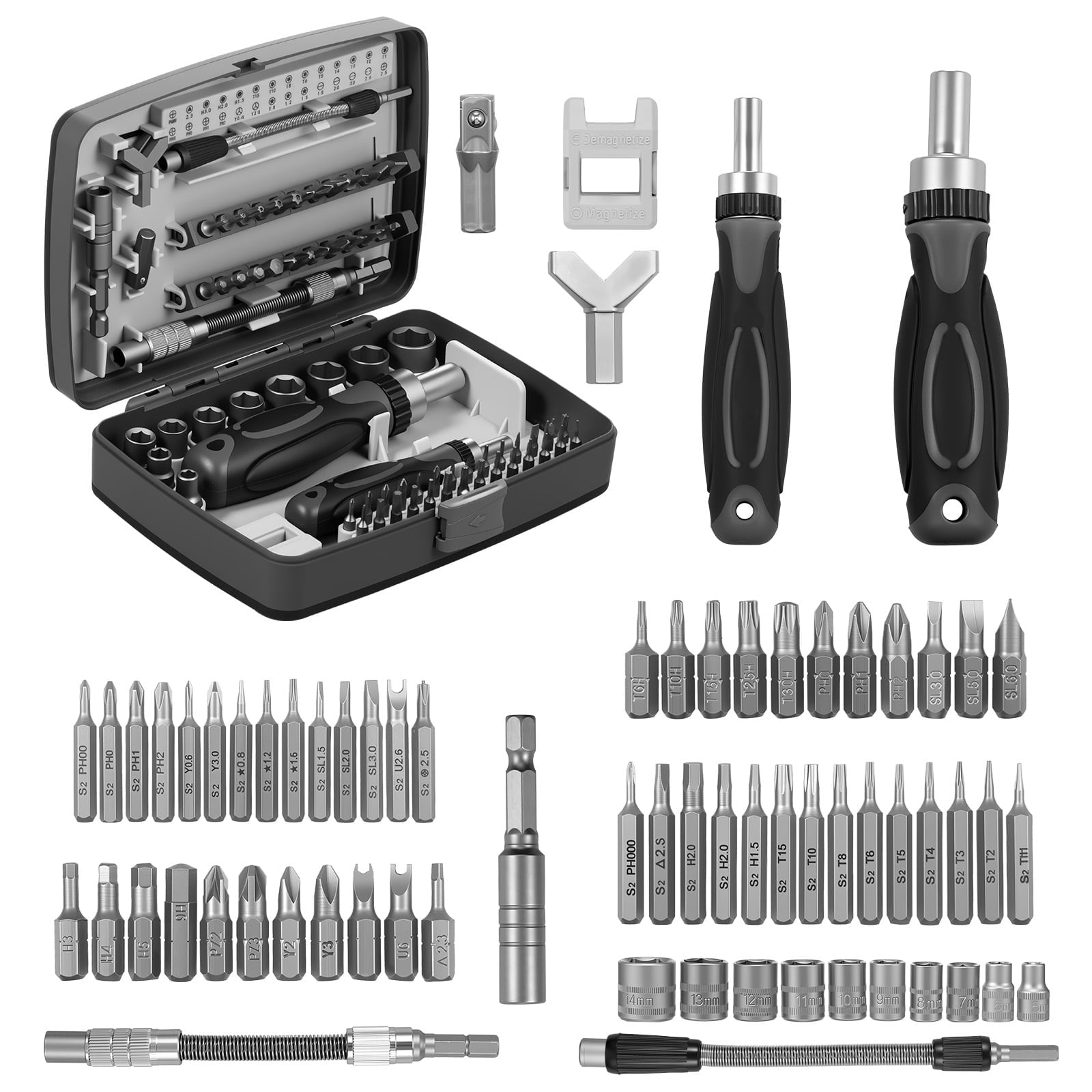 100Pc Screwdriver Set Ratchet Handle Socket Slot Pozi Hex Star Square Bits Rack