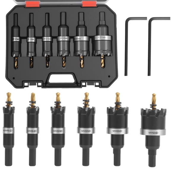 AEVXKHI 6PCS Hole Saw Kit, for Hard Metal 5/8 to 1-3/8 inch Carbide Tipped Hole Saw Drill Bits, Heavy Duty Opening Cutter Set for Stainless Steel Iron Wood