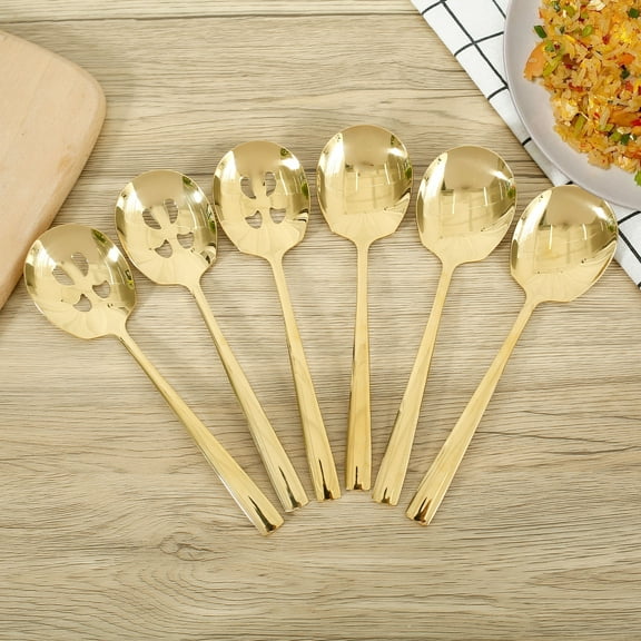 AEVXKHI 6PCS Stainless Steel Serving Spoons, Includes 3 Serving Spoons and 3 Slotted Spoons, Large Gold Serving Spoons Set, Dishwasher Safe Buffet Serving Spoons for Parties