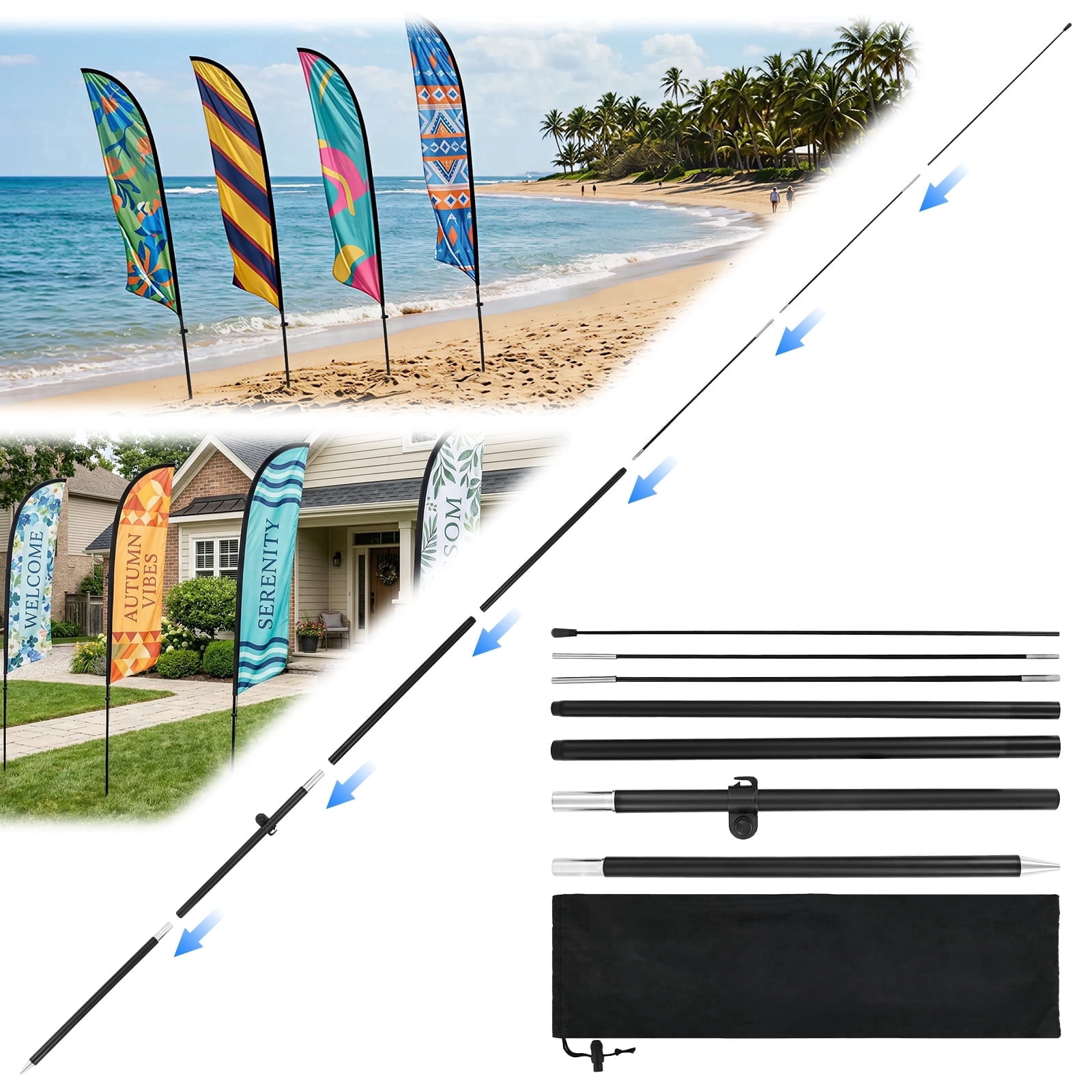 AEVXKHI 8FT Feather Flag Pole Kit, Aluminium Alloy Fiberglass Banner Flagpole Kit with Ground Spikes, for Outdoor Business Advertising Sporting Events