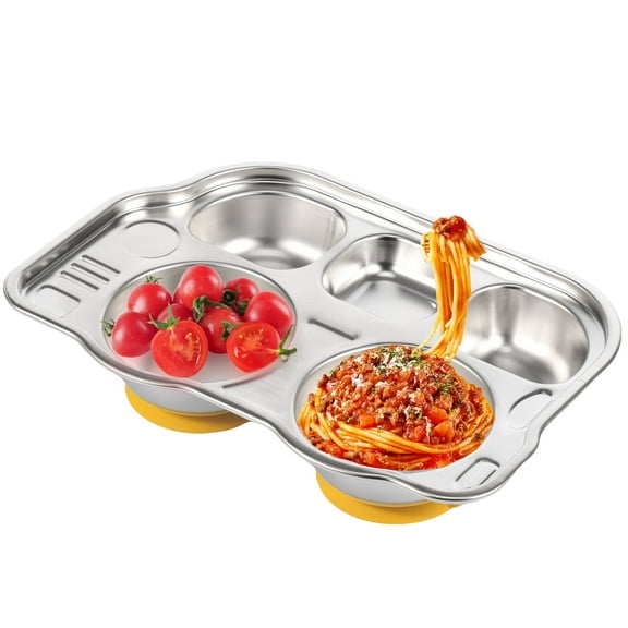 AEVXKHI Bus Style Baby Suction Plate, Solid Safe Divided Metal Food Plate, Stainless Steel Divided Meal Tray Sections Dinner Dish