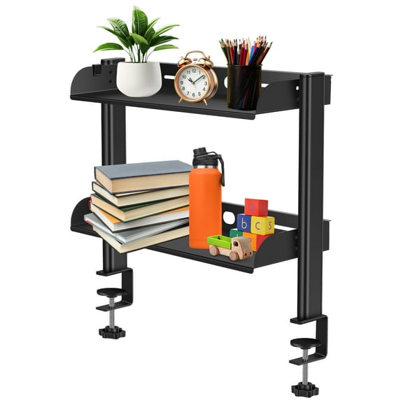 AEVXKHI Clamp On Desk Shelf, 2 Tiers Desktop Clamp Organizer, Clamp Table Mount Shelf, Desktop Clamp Shelf for Office Sturdy Table Accessories